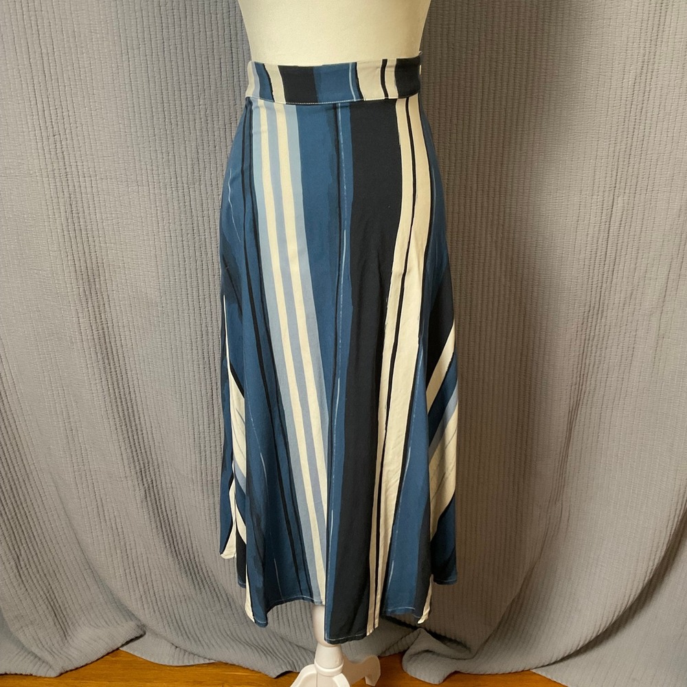 FALD Flowy Midi Skirt Vertical Stripe A-Line Blue Cream XS